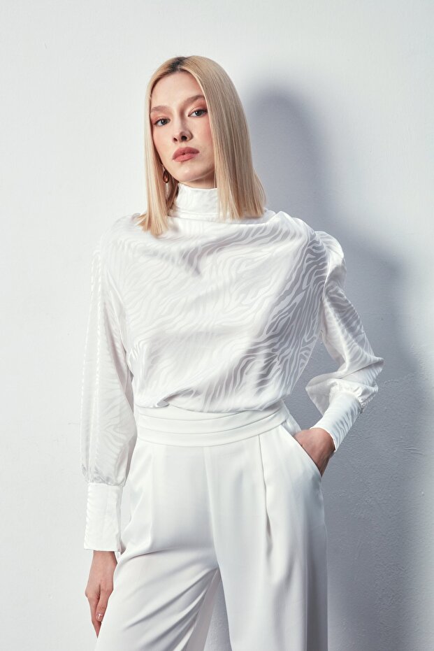 بلوزة منقوشة - لون إكرو - 3