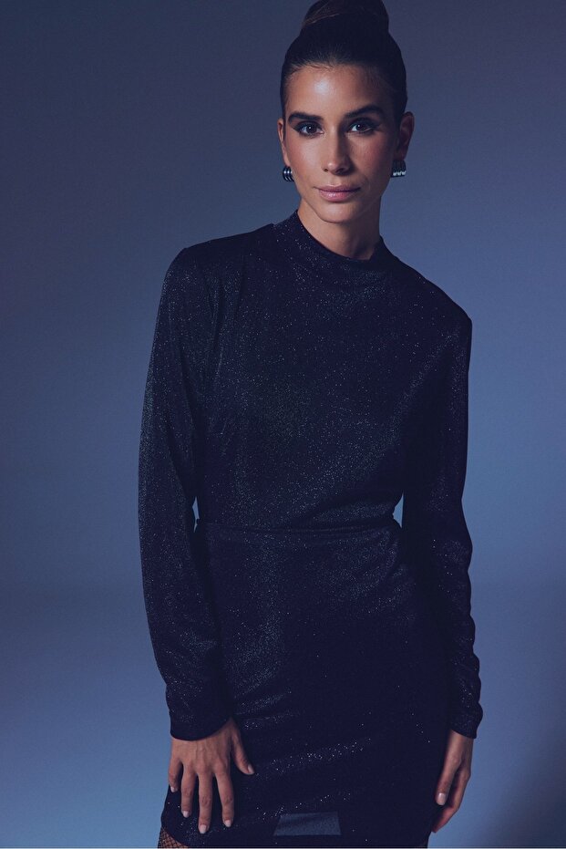 Dik Yaka Simli Bodysuit - SİYAH - 4