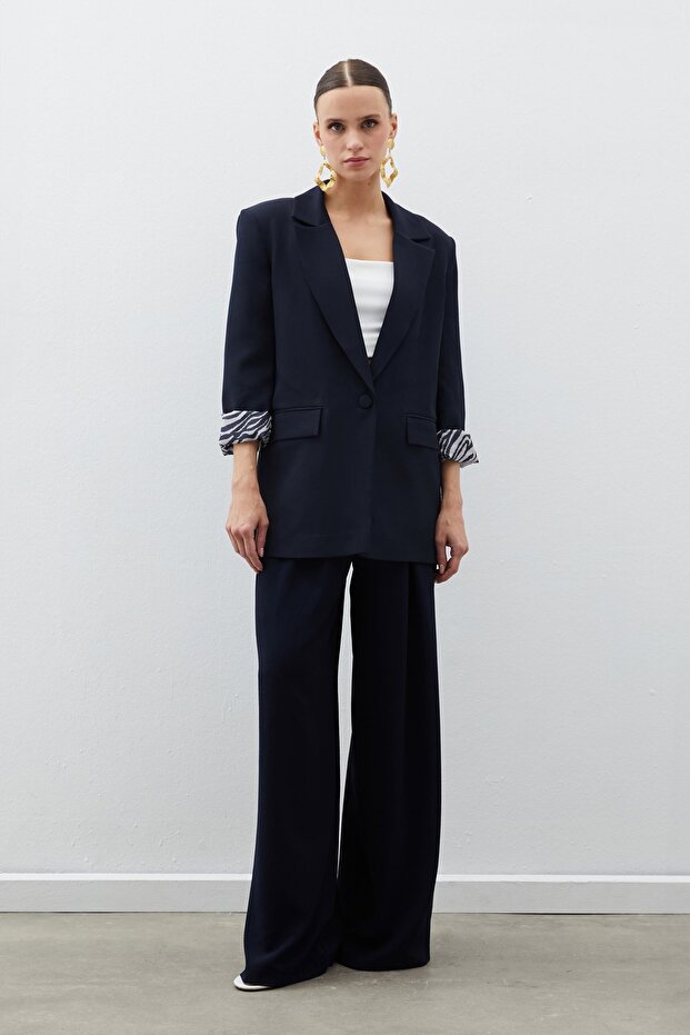 Zebra Lined Long Jacket - Navy Blue - 1