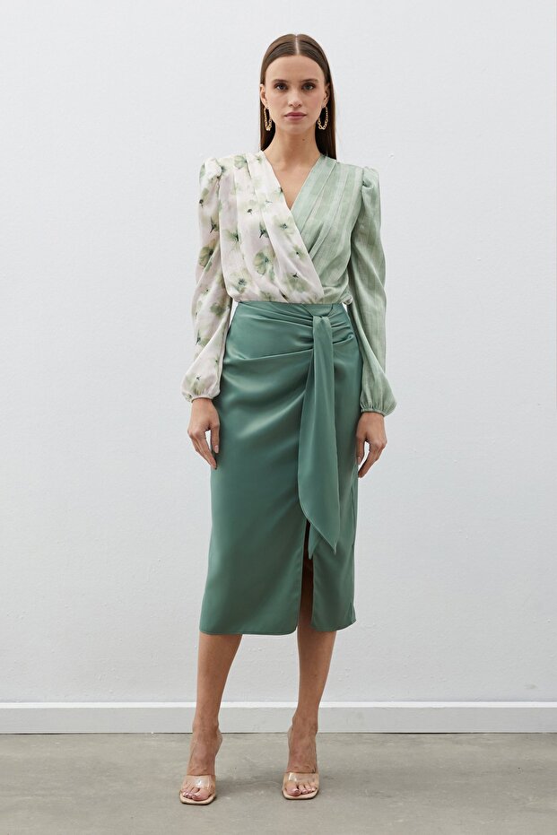 Double Patterned Double-Breasted Bodysuit Blouse - Green - 6