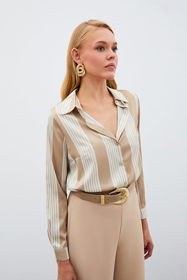 Çizgi Desenli Gömlek - Bej - 1
