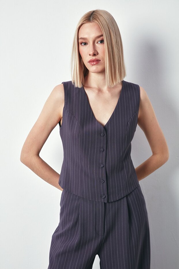 Düğmeli Yelek - Gri - 3