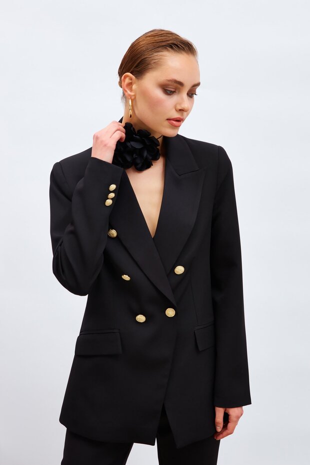 Buttoned Blazer Jacket - Black - 2