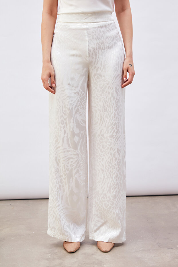 Patterned Satin Trousers - Ecru - 5