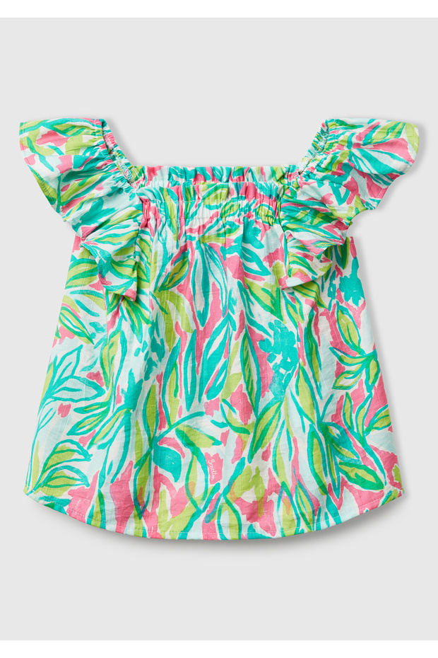 Girl's Green Viscous Blended Printed Lightweight Loose Cut Shoulder Strap Top