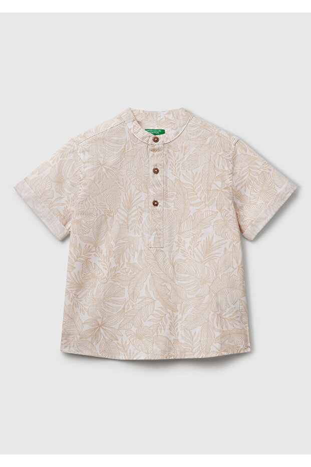 Boy's Ecru Linen Blended Fully Patterned Judge Collar Shirt with Button Detail on the Front