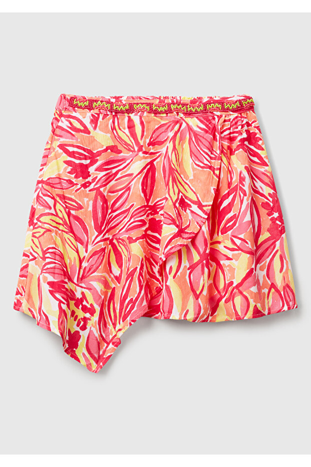 Girl's Orange 100% Viscose Patterned Asymmetrical Flared Skirt with Elastic Waist