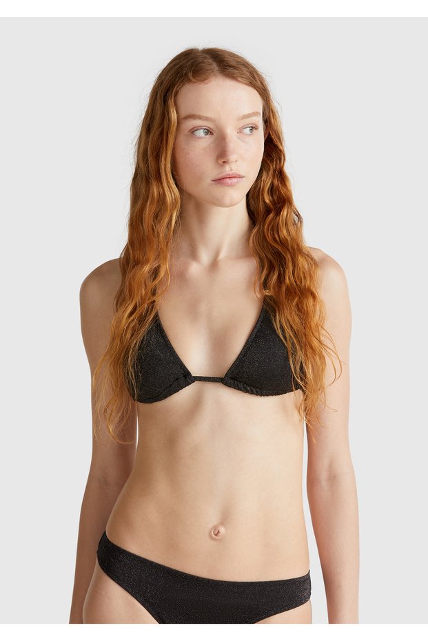 Women's Black Glitter Halter Neck and Waist Tie Triangle Bikini Top