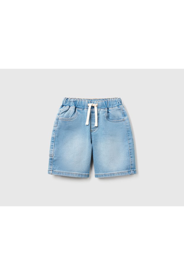 Boy's Light Denim Side Pocket Logo Embroidered Drawstring Denim Bermuda Shorts