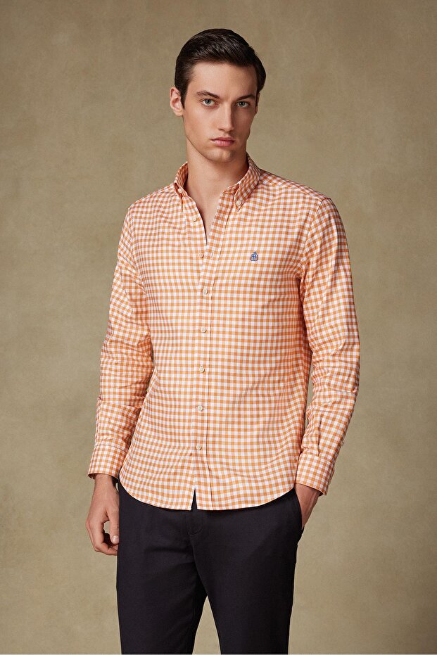 Lusso Twill Cotton Comfort Fit Orange Button Collar Men's Checkered Shirt
