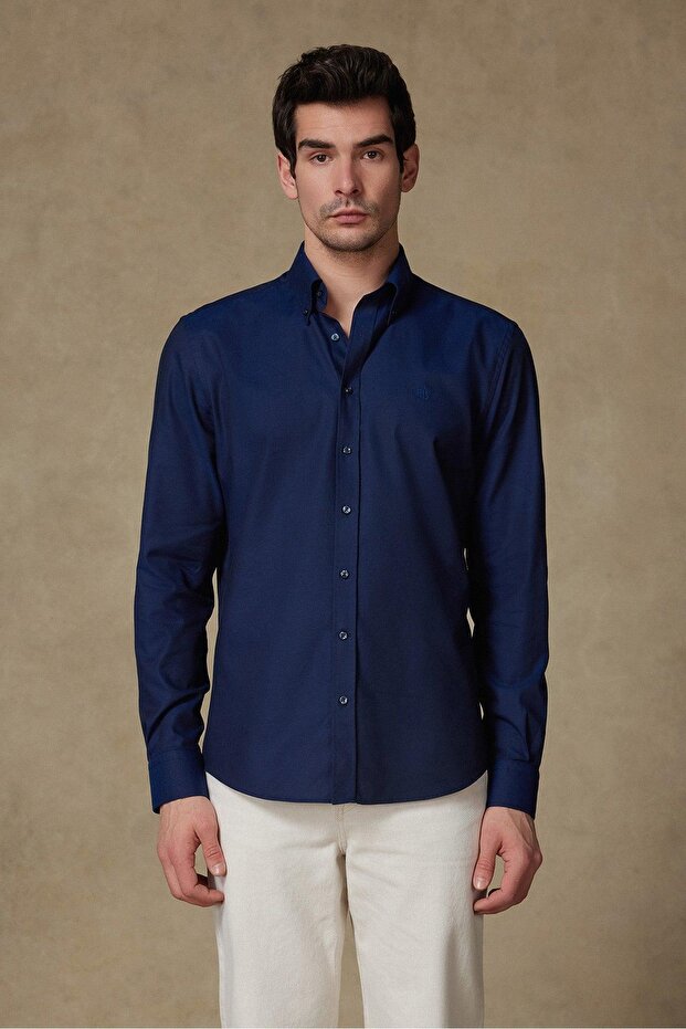 Matteo Royal Oxford Cotton Comfort Fit Navy Button-Down Collar Men's Solid Shirt