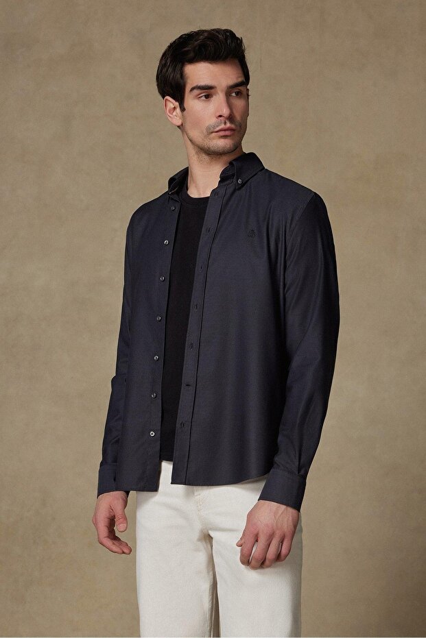 Matteo Royal Oxford Cotton Comfort Fit Black Button-Down Collar Men's Solid Shirt