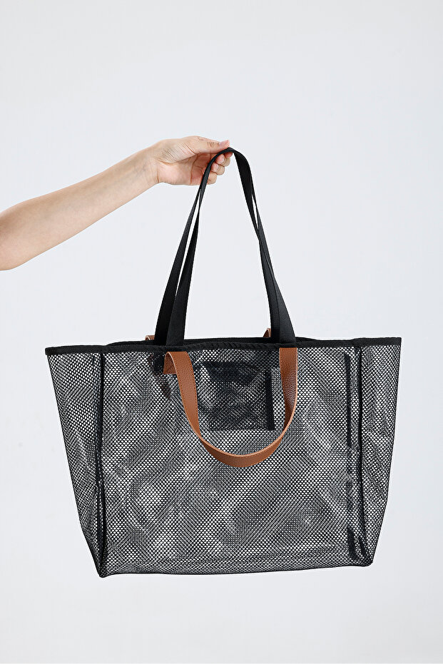 Women's Black Mesh Transparent Large Size Beach And Shopping Shopper Tote Shoulder Bag