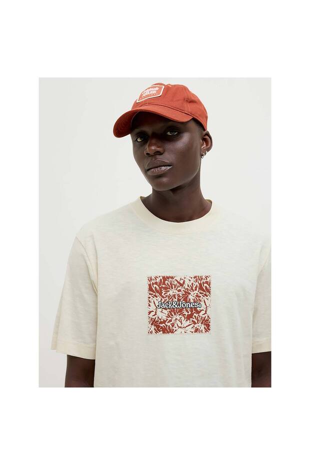 Split Allover Print Branding Erkek Krem Tişört (12272993-ANW) - 4