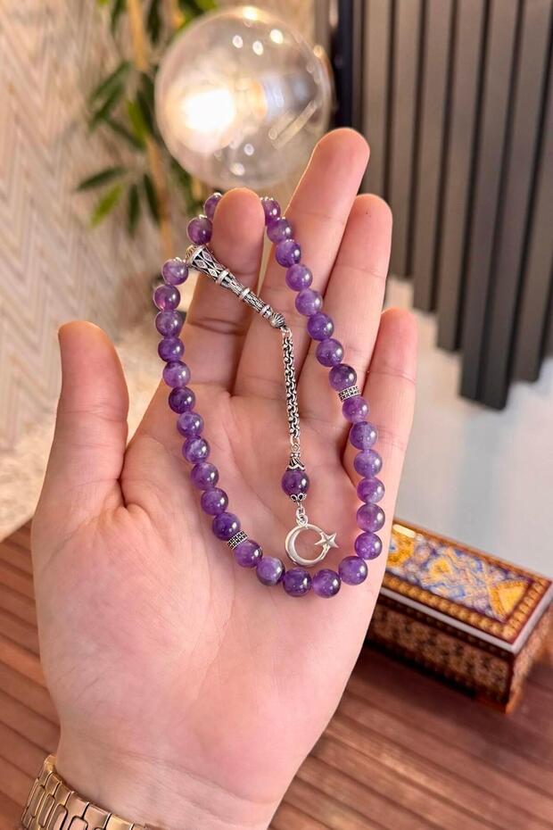 سبحة حجر العقيق الأصلي بتصميم فضي AT413
