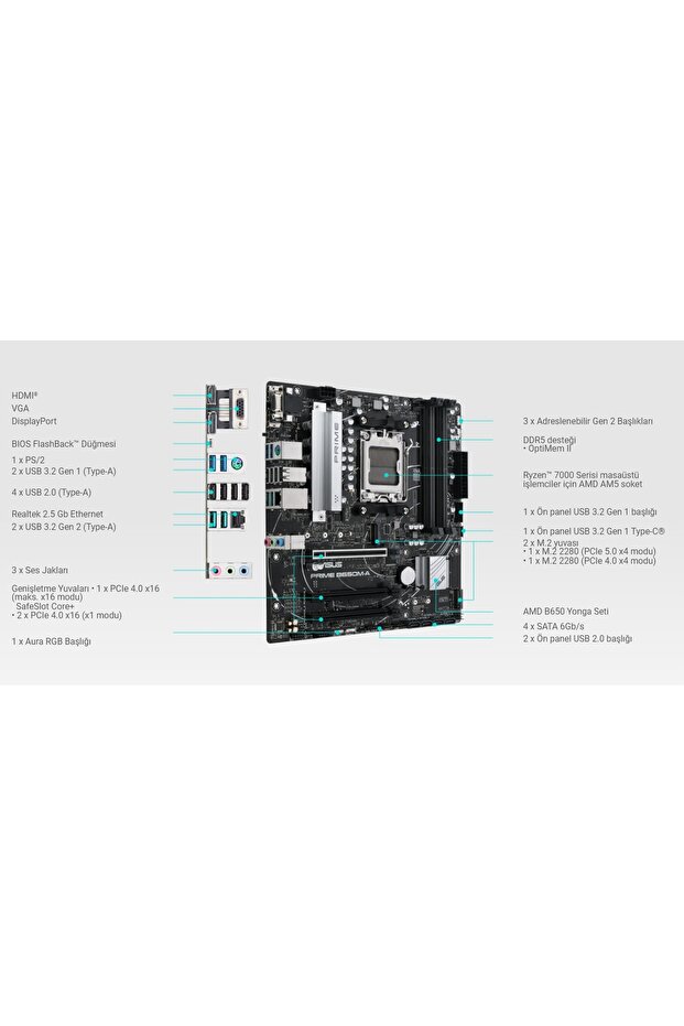 PRIME B650M-A B650 DDR5 (Vga Yok) GLan 2.5G mATX HD DP 2xM2 USB3 RGB AM5 AMD Anakart - 1