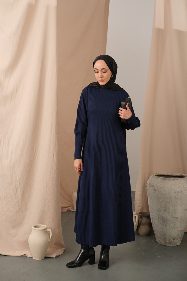 Women's Self-Patterned Knitwear Dress Navy Blue