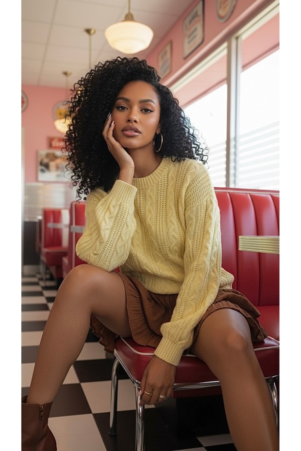 Bisiklet Yaka Örme Oversize Sarı Triko Kazak - 1