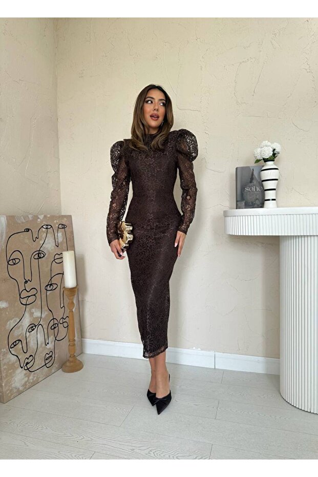 Güpür Detaylı Dantel Elbise - 1