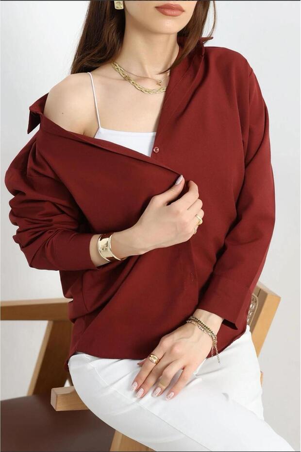 Oversize Gömlek Bordo - 2