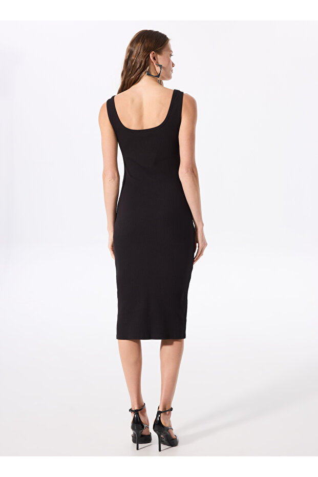 Siyah Kadın Kare Yaka Basic Elbise MARSE - 5