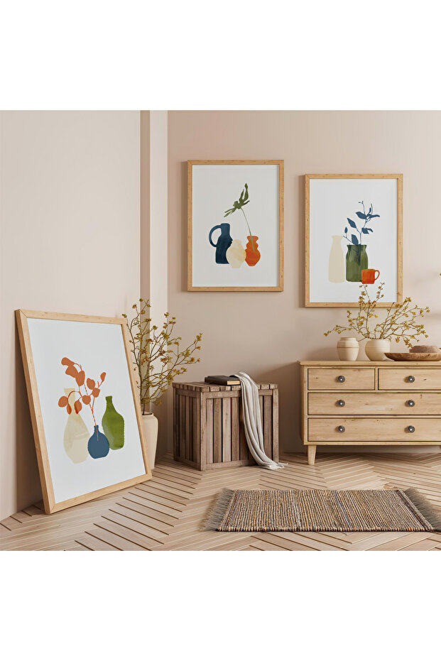 Wooden Framed Elegant Forms Triple Wooden Painting Set