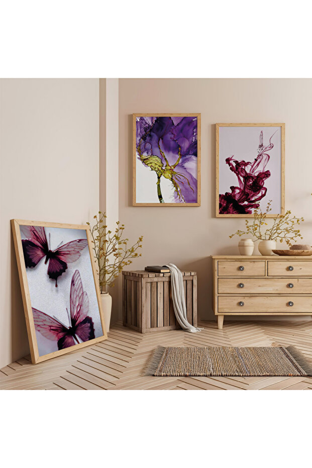 Fluid Colors and Butterfly Triple Wooden Painting Set with Wooden Frame