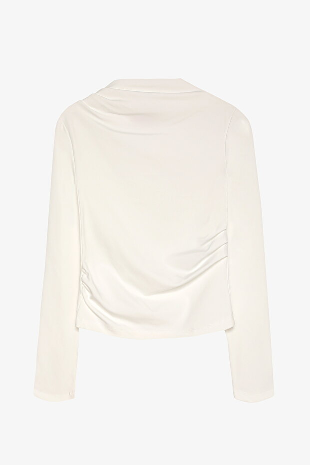 Drapeli Yüksek Yaka Uzun Kollu Basic Bluz Ekru - 2