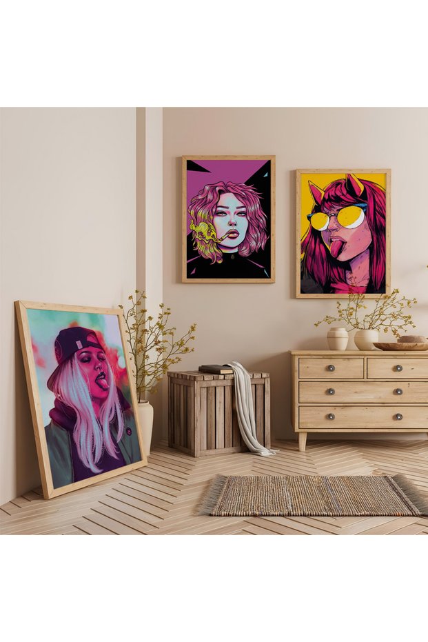 Pink Drawing and Young Girls Triple Wooden Painting Set with Wooden Frame