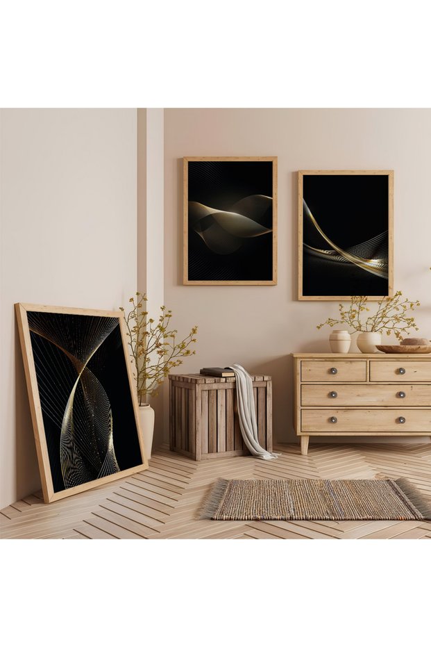 Wooden Framed Yellow Tone of Black Triple Wooden Painting Set