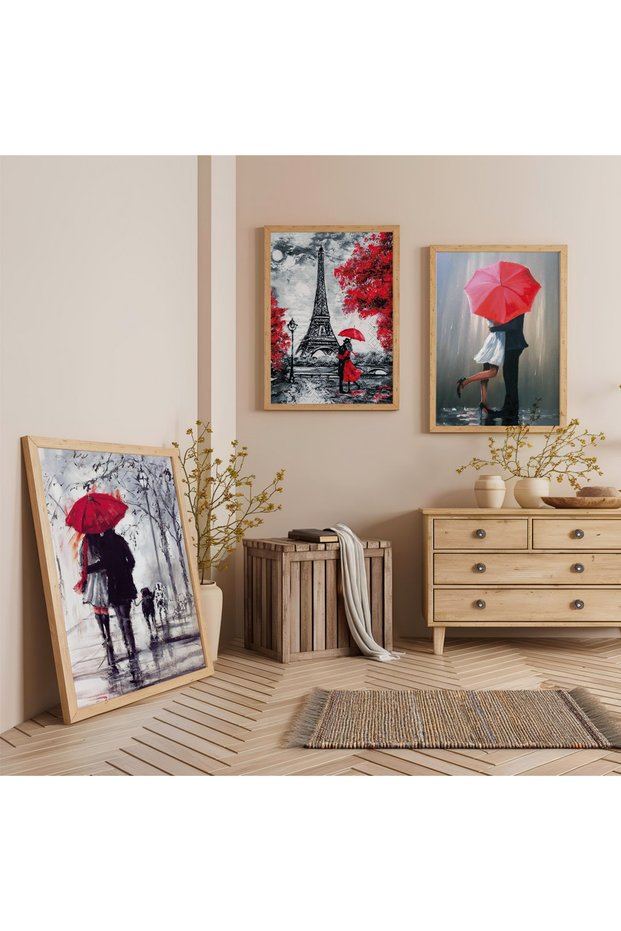 Wooden Framed Paris Lovers Triple Wooden Painting Set