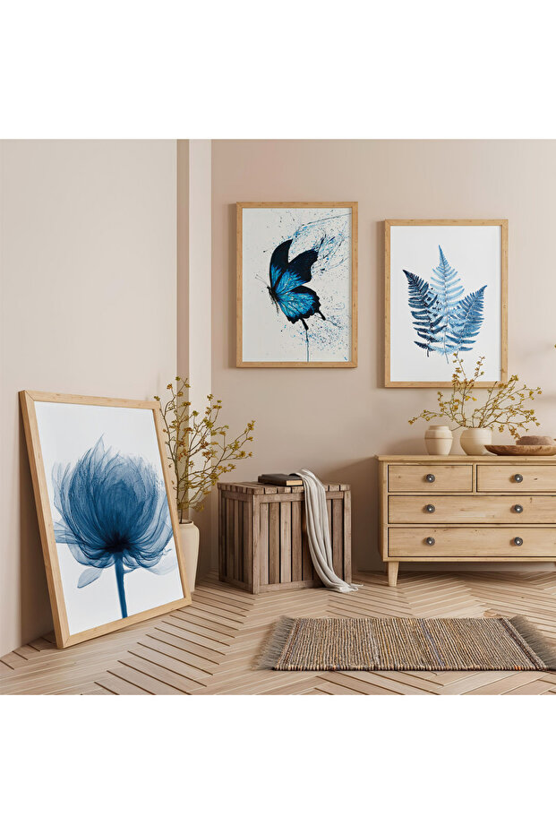 Triple Wooden Painting Set with Wooden Frame Featuring Butterfly and Blue Leaf Motifs