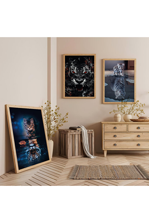 Tiger Inside Wooden Frame Triple Wooden Painting Set