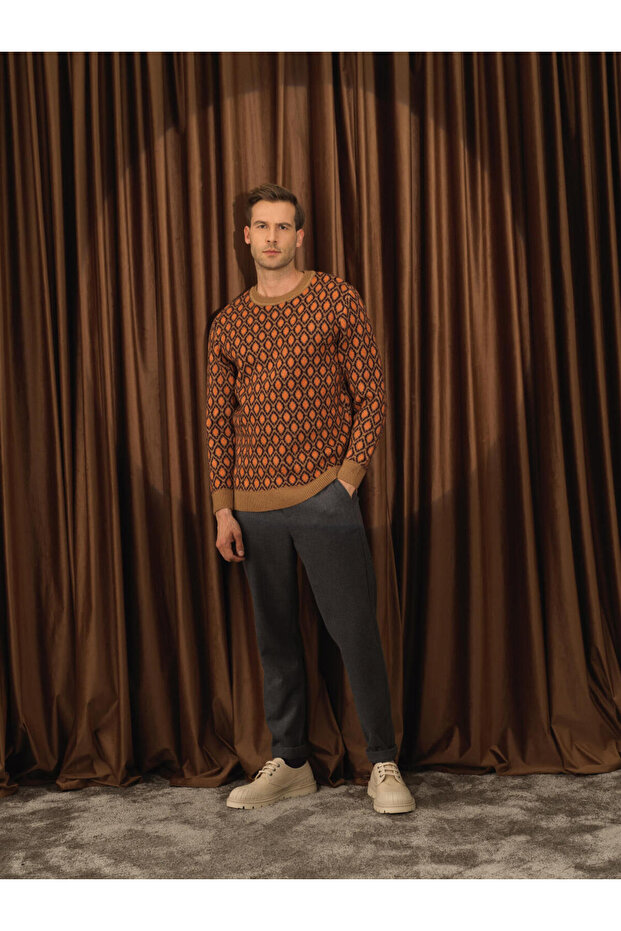 Erkek Camel Regular Fit Desenli Kazak - 2