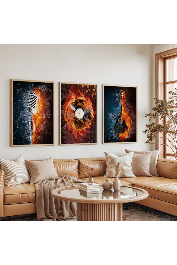 Wooden Framed Symphony of Flame and Music Triple Wooden Painting Set
