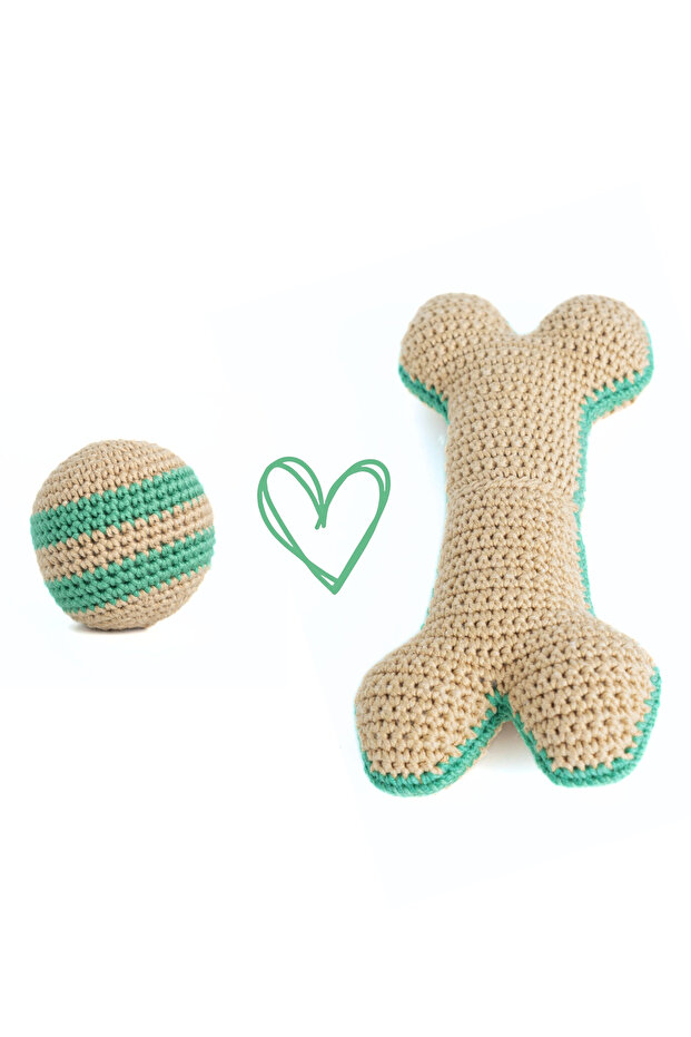 Köpek Oyuncağı Seti, Örgü Kemik ve Top| Doğa Dostu ve Pamuklu - 1
