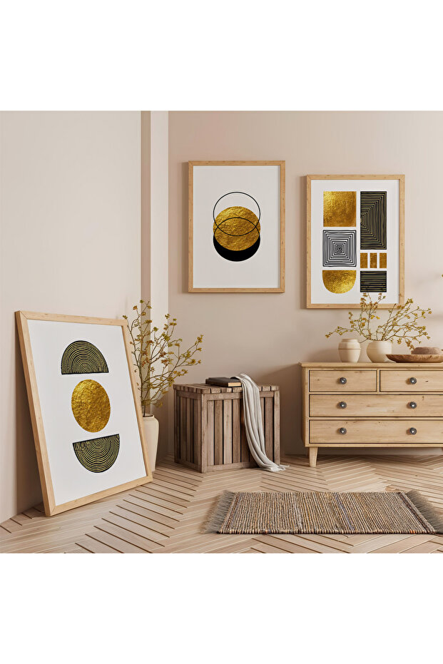 Wooden Framed Geometric Reflections Triple Wooden Painting Set