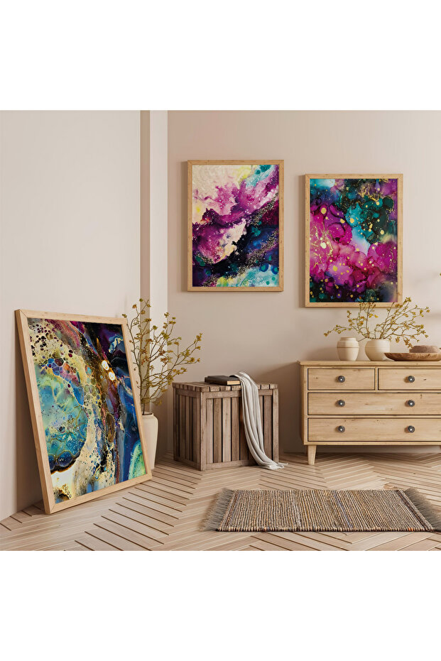 Colorful Modern Triple Wooden Painting Set with Wooden Frame