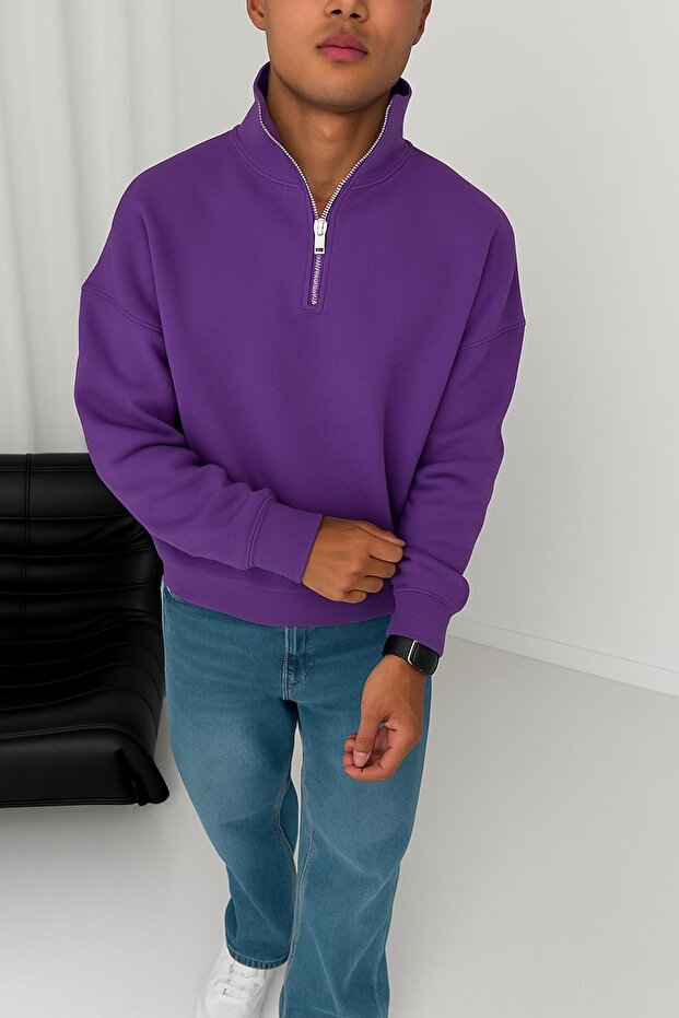 Fermuarlı Mor Oversize Unisex Sweatshirt - 1