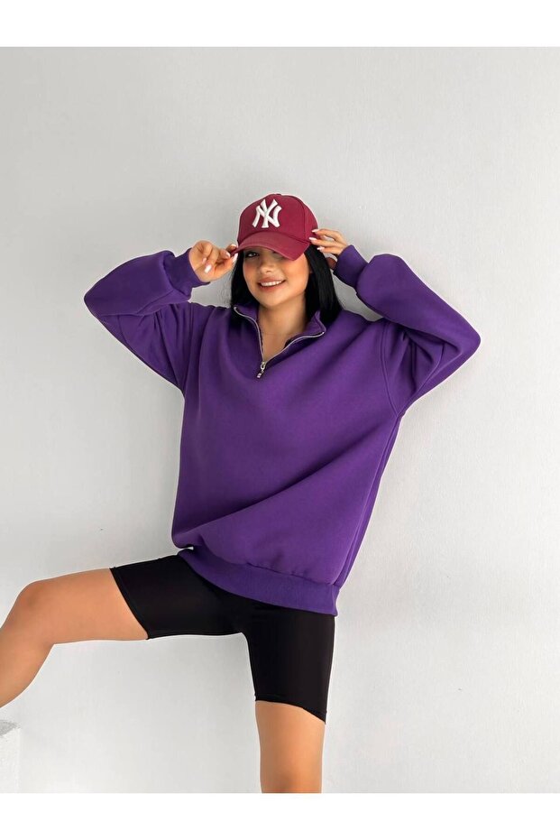 Fermuarlı Mor Oversize Unisex Sweatshirt - 2