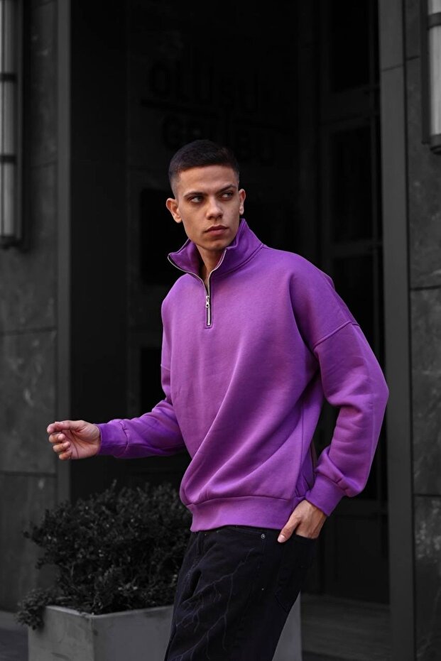 Fermuarlı Mor Oversize Unisex Sweatshirt - 7