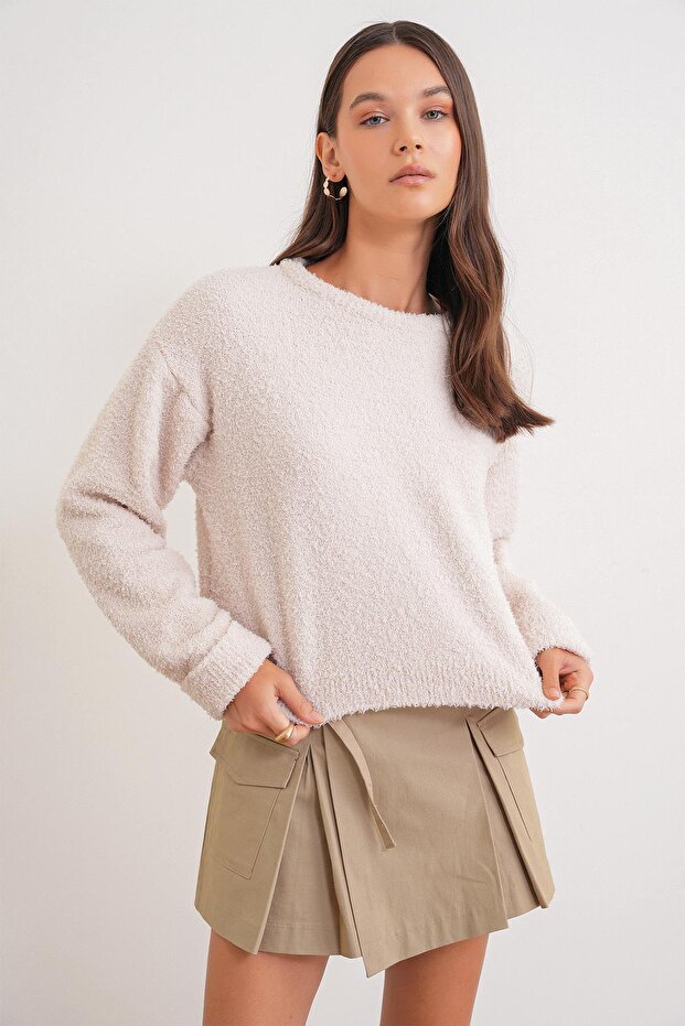 6917 Kadın Buklet Basic Triko Kazak Naturel - 1