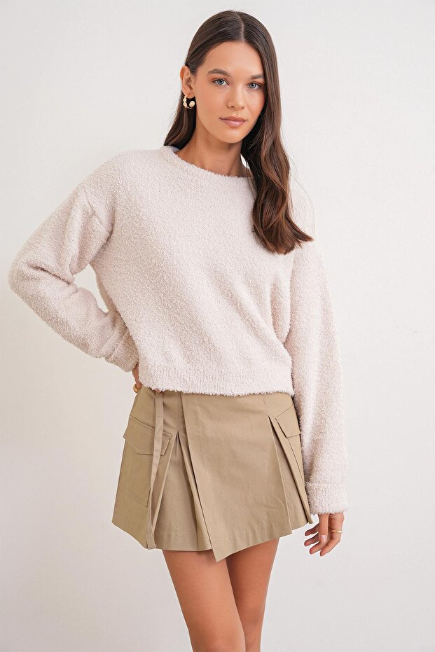 6917 Kadın Buklet Basic Triko Kazak Naturel - 3