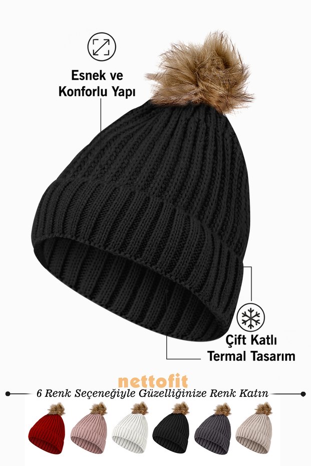 Women's Fur Pompom Wool Black Color Beret