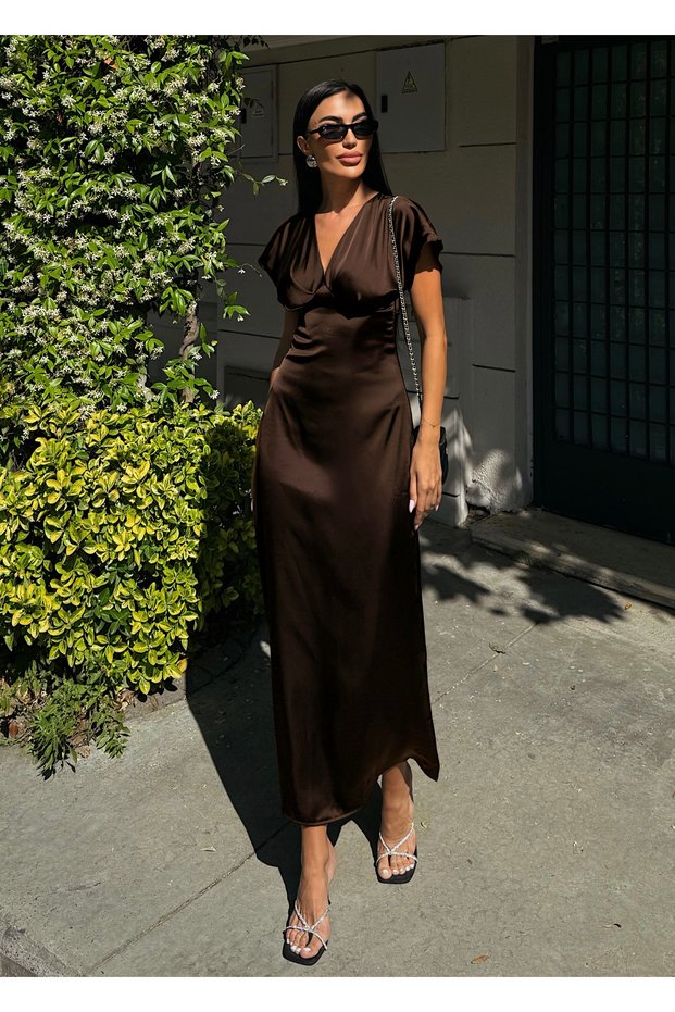 WOMEN'S COFFEE V-NECK Pleated SATIN MIDI DRESS