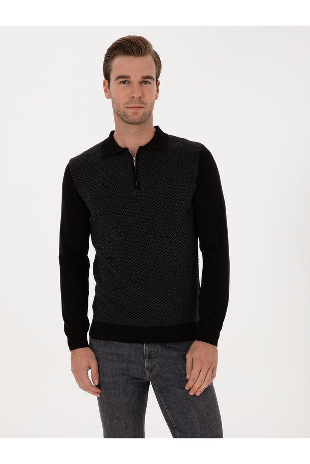Black Slim Fit Cotton Blend Zippered Polo Neck Knitwear Sweater 50318948-Vr046