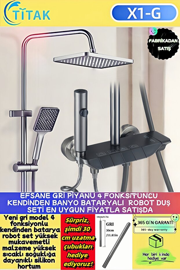 TİTAK HAYATIN KOLAY YANI Piano 5 Fonksiyonlu Kendinden Banyo Bataryalı Dijital Akıllı Robot Duş Seti Tepe Duş Seti