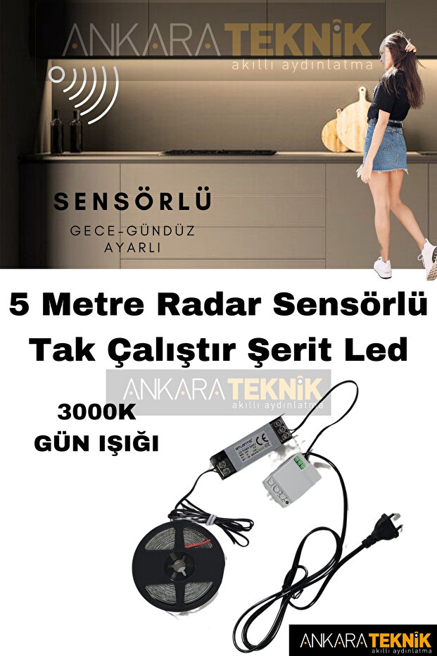 Mutfak Dolabı Radar Gizli Sensörlü Şerit Led Set / Gece-gündüz Ayarlı / Tak Çalıştır / Renk Günışığı - 1