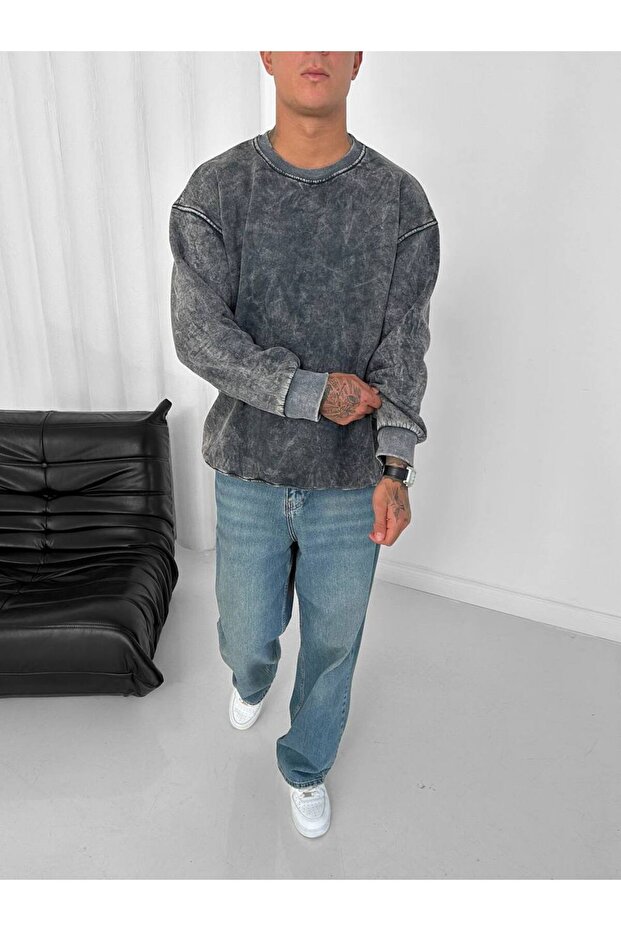 Yıkama Kumaş Oversize Unisex Sweatshirt - 5