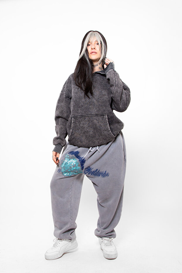 Washable Basic Oversize Unisex Smoked Hoodie
